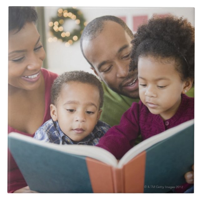 Black family reading book together ceramic tile (Front)