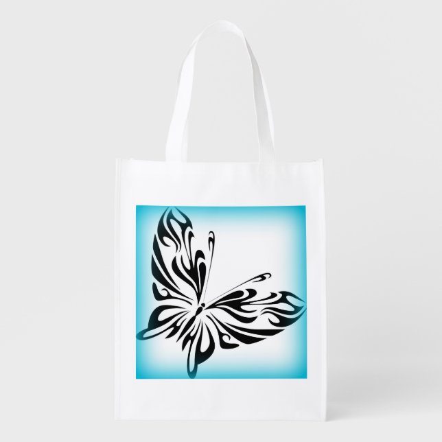 Black fancy Butterfly graphic Illustration Reusable Grocery Bag (Front)
