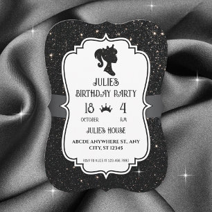 Black Fancy glitter sparkle doll birthday Invitation