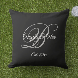 Black Fancy Wedding Anniversary Monogram Outdoor Pillow