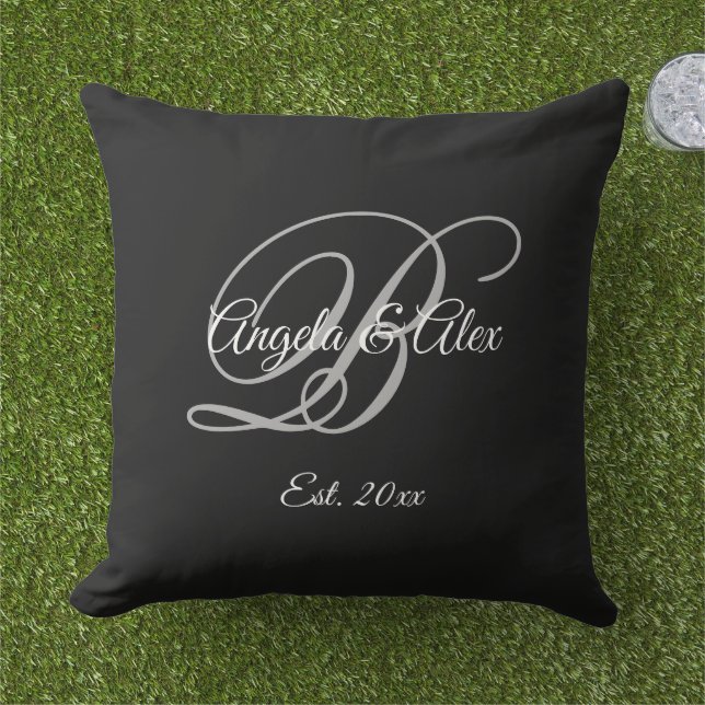 Black Fancy Wedding Anniversary Monogram Outdoor Pillow (Grass)