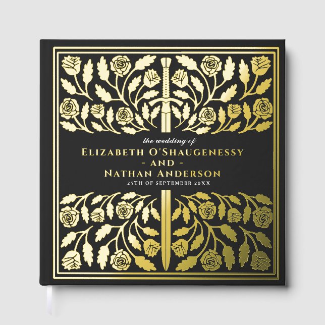 Black Fantasy Royal Medieval Sword Wedding Foil Guest Book (Front)