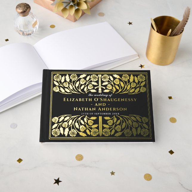 Black Fantasy Royal Medieval Sword Wedding Foil Guest Book (Front Open)