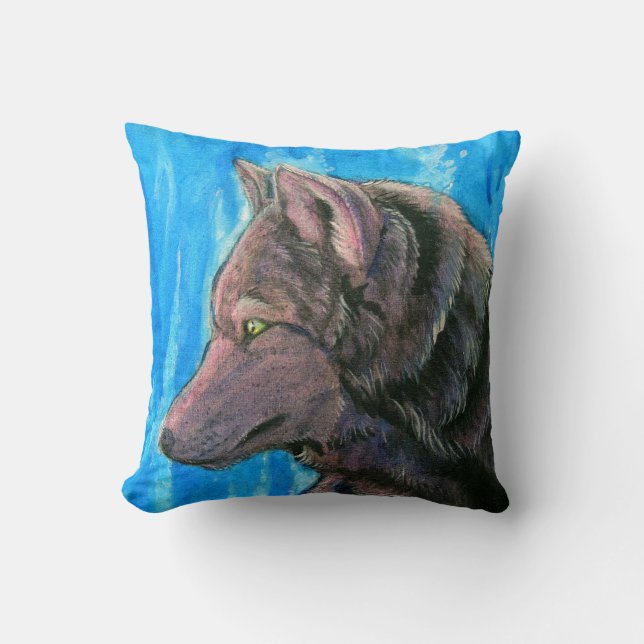 Black Fantasy Wolf on Blue Pillow (Front)