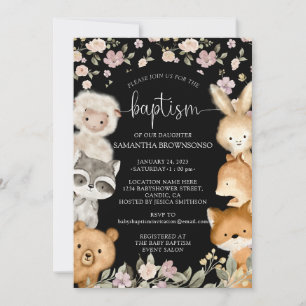 Black Farm Bear Fox Rabbit Raccoon Baptism Invitation