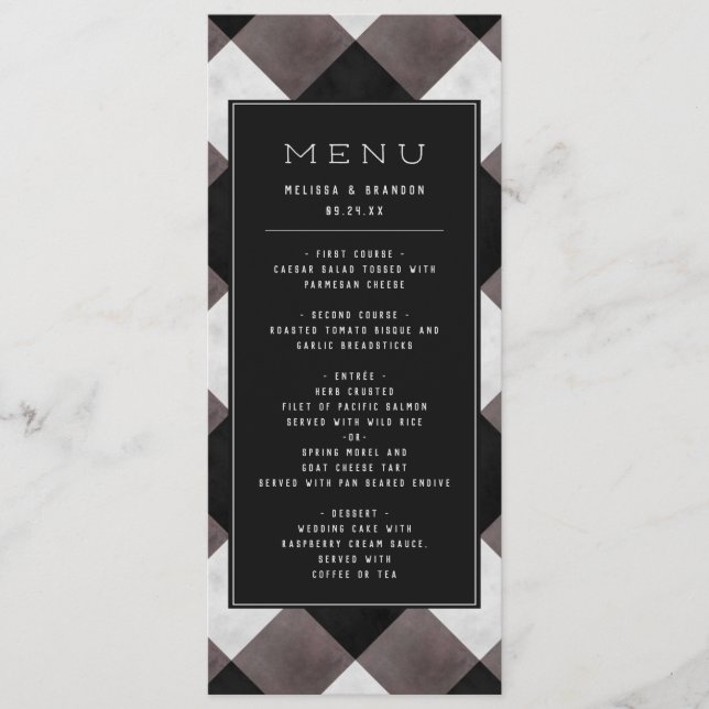 Black Farmhouse Buffalo Plaid Check Wedding Dinner Menu (Front)
