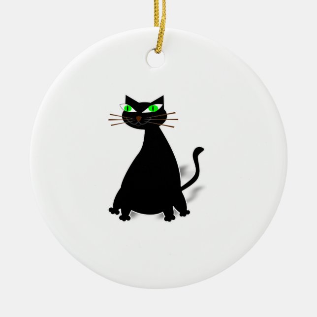 Black Fat Cat With Green Eyes Ceramic Ornament (Front)