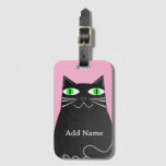 Black Fat Cat With Green Eyes Custom Name Pink Luggage Tag