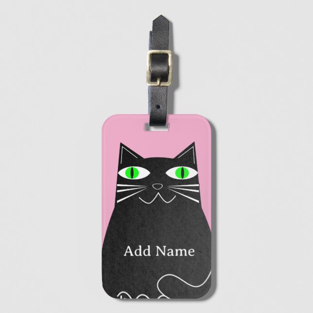 Black Fat Cat With Green Eyes Custom Name Pink Luggage Tag (Front Vertical)