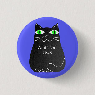 Black Fat Cat With Green Eyes Custom Text Blue Button