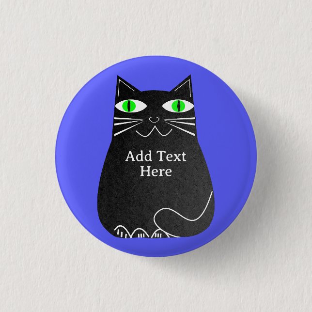 Black Fat Cat With Green Eyes Custom Text Blue Button (Front)