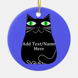Black Fat Cat With Green Eyes Custom Text Blue Ceramic Ornament
