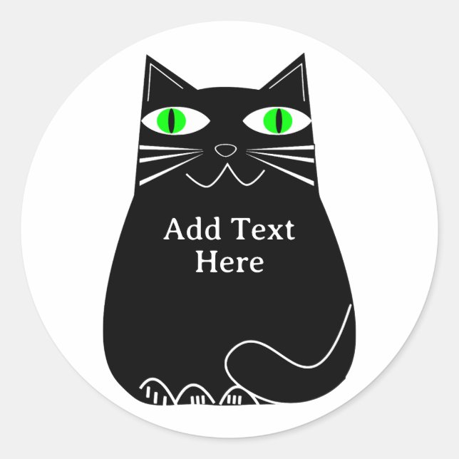 Black Fat Cat With Green Eyes Custom Text Classic Round Sticker (Front)