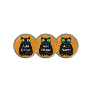 Black Fat Cat With Green Eyes Custom Text Golf Ball Marker