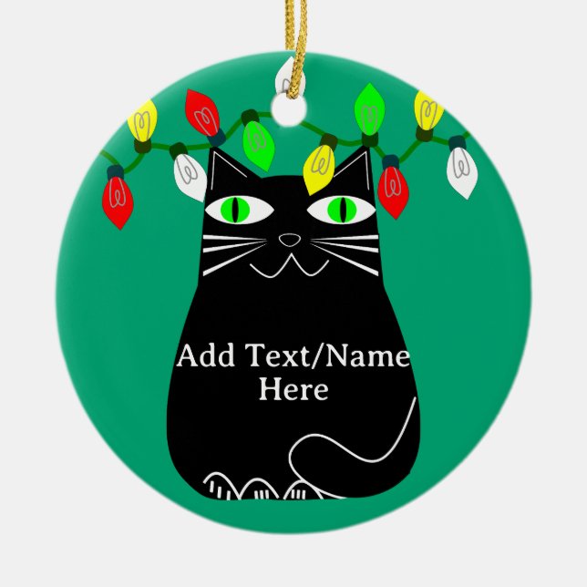 Black Fat Cat With Green Eyes Custom Text Green Ceramic Ornament (Front)
