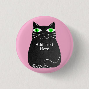 Black Fat Cat With Green Eyes Custom Text Pink Button