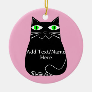 Black Fat Cat With Green Eyes Custom Text Pink Ceramic Ornament