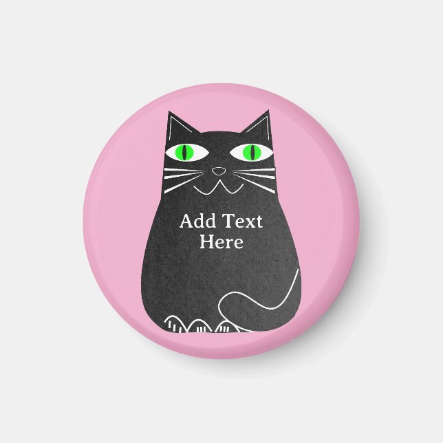 Black Fat Cat With Green Eyes Custom Text Pink Magnet (Front)