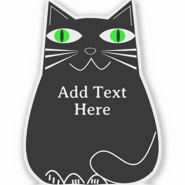 Black Fat Cat With Green Eyes Custom Text Sticker (Front)