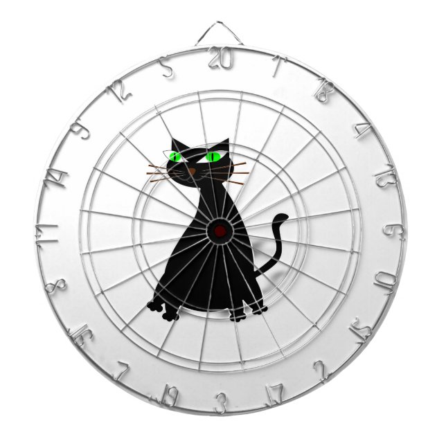 Black Fat Cat With Green Eyes Dartboard With Darts (Front)