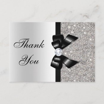 Black Faux Bow Silver Diamonds Thank You by GroovyGraphics at Zazzle