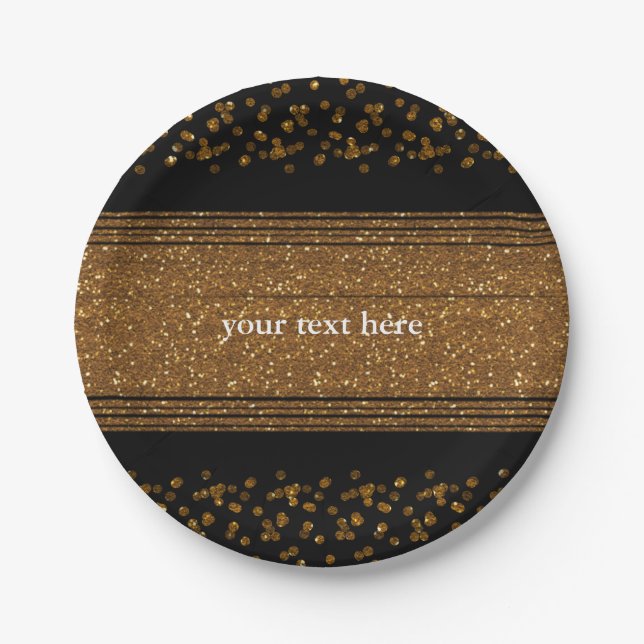 Black Faux Brushed Gold Glitter Party Plates (Front)