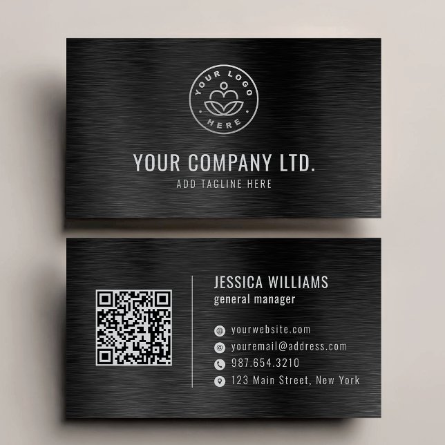 Black Faux Brushed Steel Professional QR Code Business Card (Creator Uploaded)