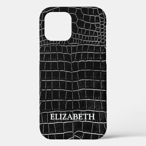 Black Faux Crocodile Leather Personalized Name iPhone 12 Case