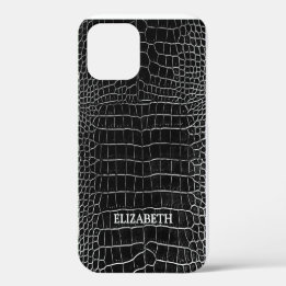 Black Faux Crocodile Leather Personalized Name iPhone 12 Case