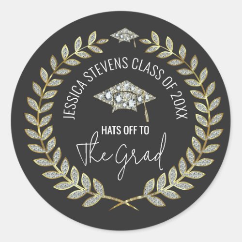 Black  Faux Damsons Gold Graduation Hat Wreath Classic Round Sticker