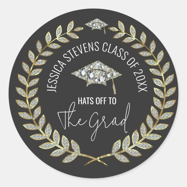 Black & Faux Damsons Gold Graduation Hat Wreath Classic Round Sticker (Front)