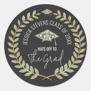 Black & Faux Damsons Gold Graduation Hat Wreath Classic Round Sticker