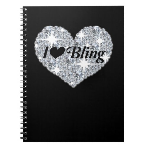 Black Faux diamond heart I Love Bling desig Notebook