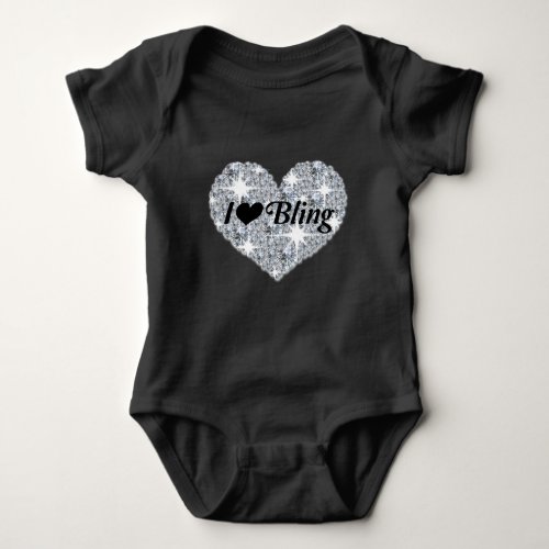 Black Faux diamond heart I Love Bling design Baby Bodysuit