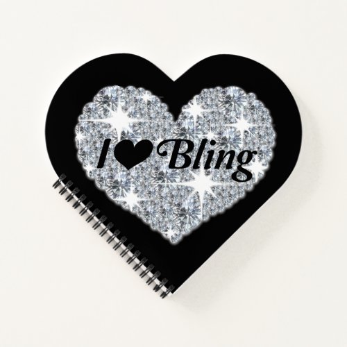 Black Faux diamond heart I Love Bling design  Notebook