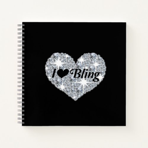 Black Faux diamond heart I Love Bling design  Notebook