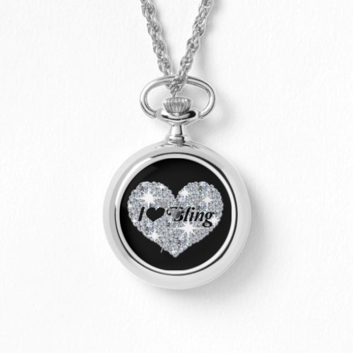 Black Faux diamond heart I Love Bling design Watch