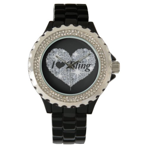 Black Faux diamond heart I Love Bling design Watch