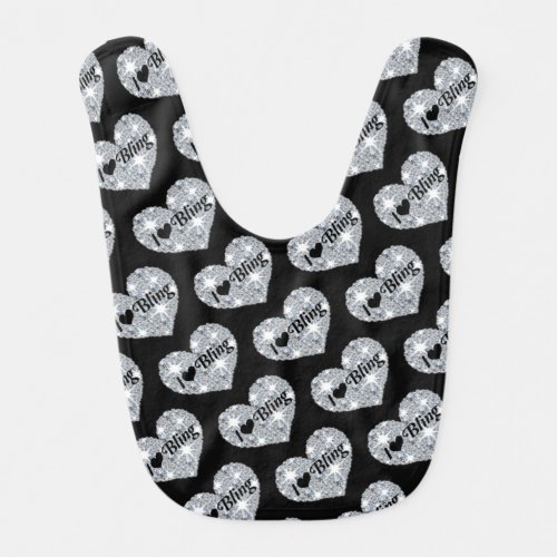 Black Faux diamond heart I Love Bling patten Baby Bib