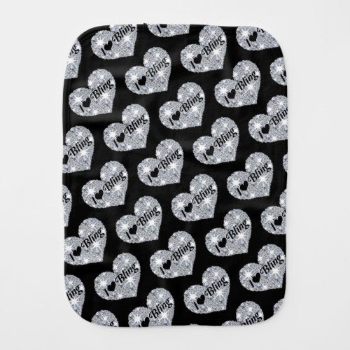 Black Faux diamond heart I Love Bling pattern Baby Burp Cloth