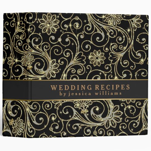 Black Faux Diamonds  Gold Print Floral Damasks 3 Ring Binder