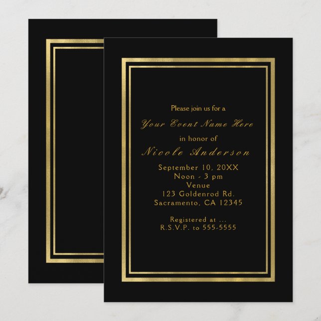 Black & Faux Foil Gold Chic Elegant Invitations (Front/Back)
