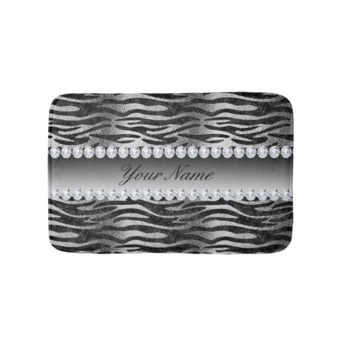 Black Faux Foil Zebra Stripes on Silver Bathroom Mat