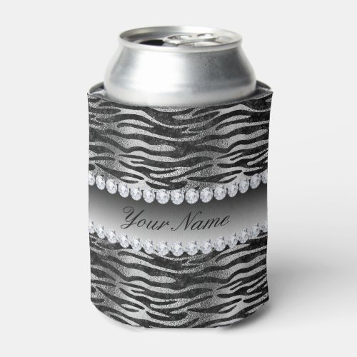 Black Faux Foil Zebra Stripes on Silver Can Cooler