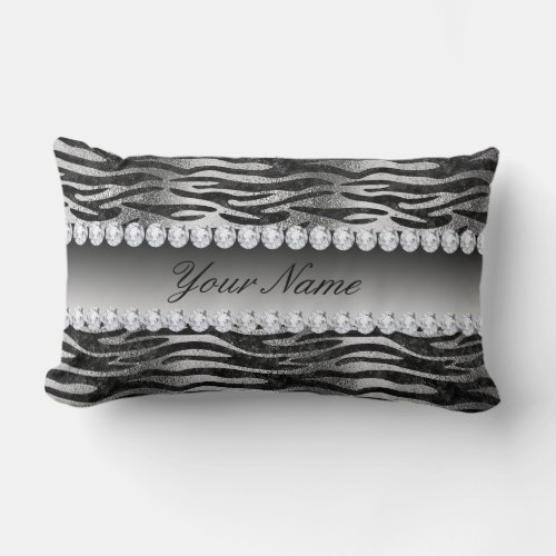 Black Faux Foil Zebra Stripes on Silver Lumbar Pillow