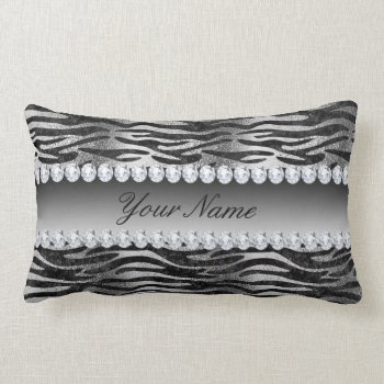 Black Faux Foil Zebra Stripes On Silver Lumbar Pillow by glamgoodies at Zazzle