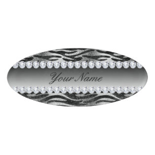 Black Faux Foil Zebra Stripes on Silver Name Tag