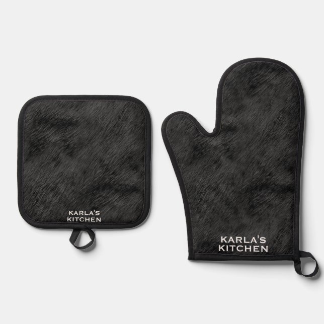 Black faux fur texture oven mitt & pot holder set (Front)