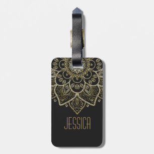 Black Faux Glitter And Gold Floral Mandala Luggage Tag
