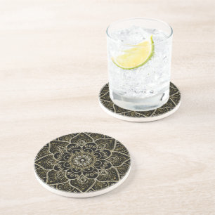 Black Faux Glitter And Gold Floral Mandala Sandstone Coaster